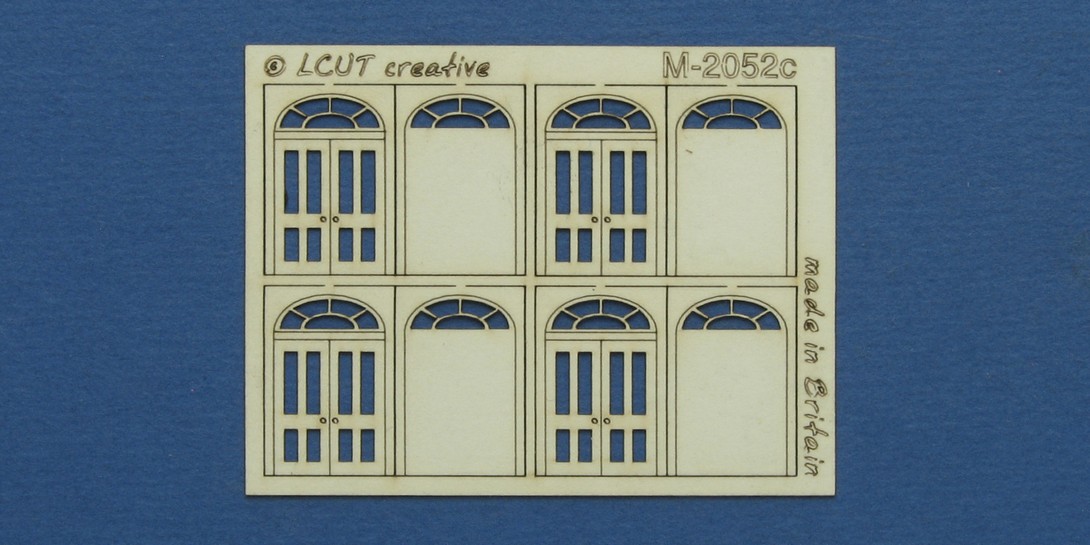 M 20-52c N gauge kit of 4 double doors with round transom type 4 Kit of 4 double doors with round transom type 4. Designed in 2 layers with an outer frame/margin. Made from 0.35mm paper.
